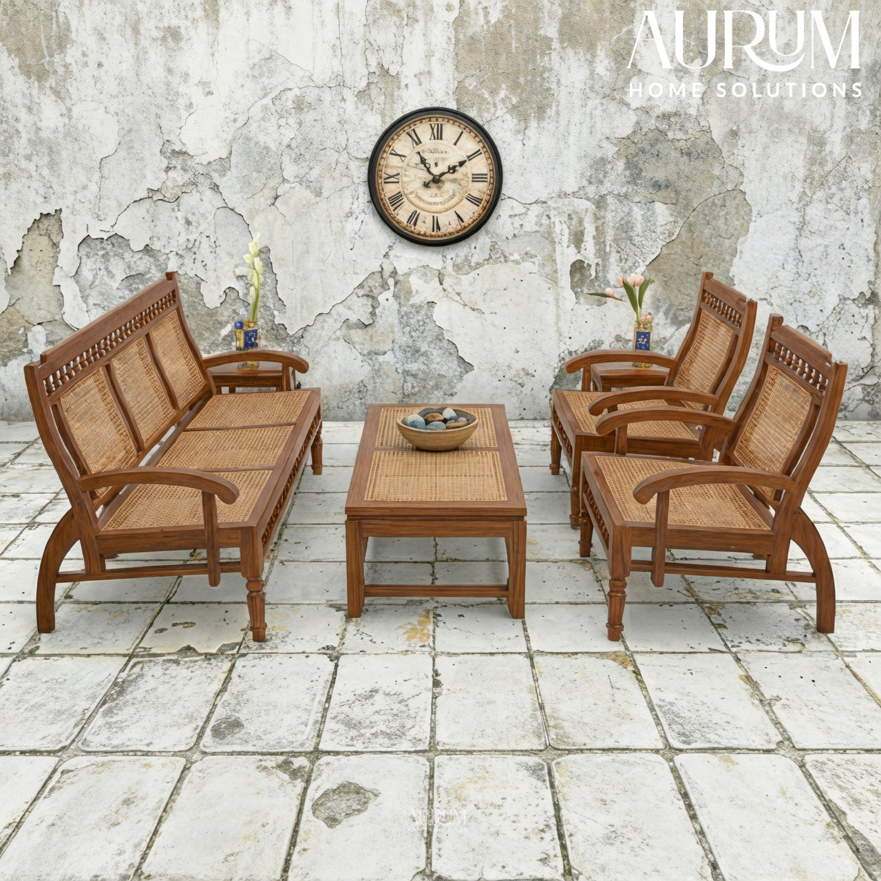 Teakwood Classic Cane Back Sofa Set – Set of 3