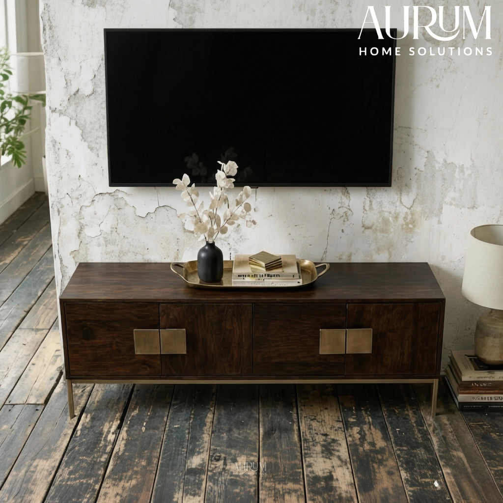 Modern Mango Wood TV Console with Brass Accents
