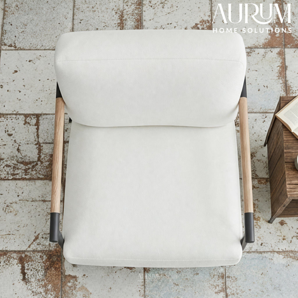 Upholstered White Accent Chair with Metal Legs & Arms