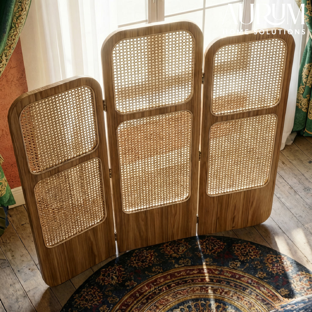 Room Partition Rattan Privacy Screen with Folding Panels