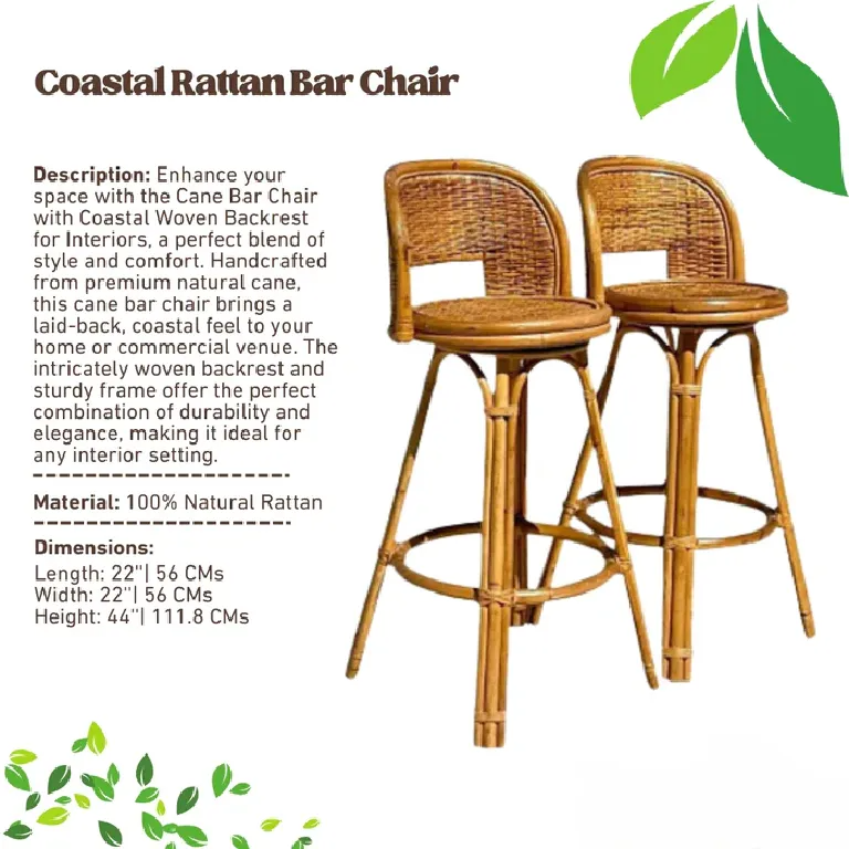 Cane Bar Chair with Coastal Woven Backrest for Interiors