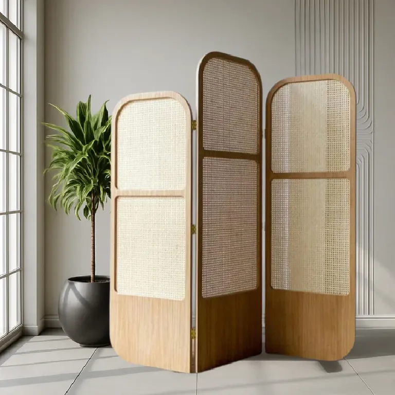 Room Partition Rattan Privacy Screen with Folding Panels