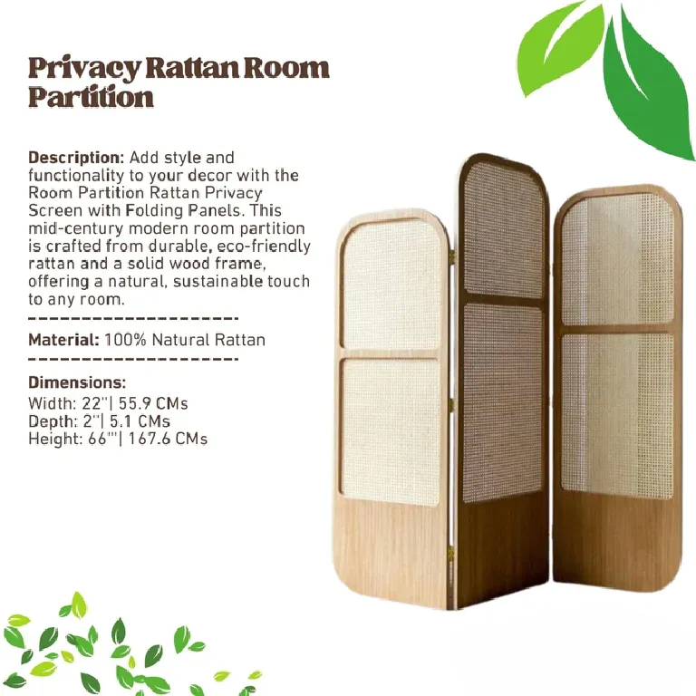 Room Partition Rattan Privacy Screen with Folding Panels