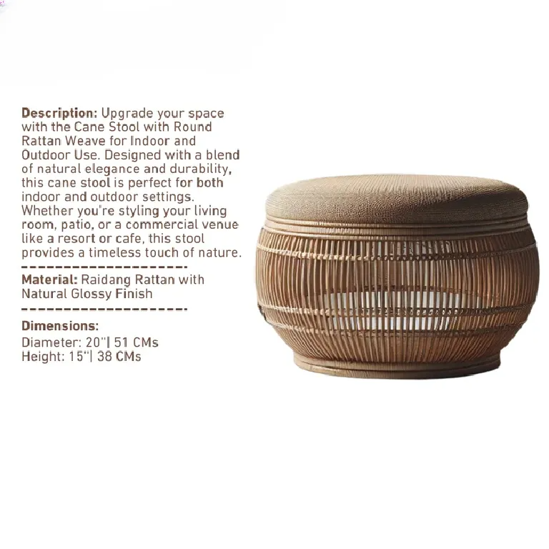 Cane Stool with Round Rattan Weave for Indoor and Outdoor Use