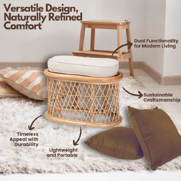 Cane Stool with Blissful Bohemian Rattan Weave for Indoor Use