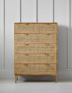 Rattan Webbed Storage Chest Of Drawers with Rich Wood Accents