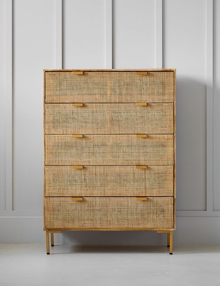 Rattan Webbed Storage Chest Of Drawers with Rich Wood Accents