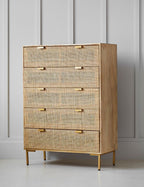 Rattan Webbed Storage Chest Of Drawers with Rich Wood Accents