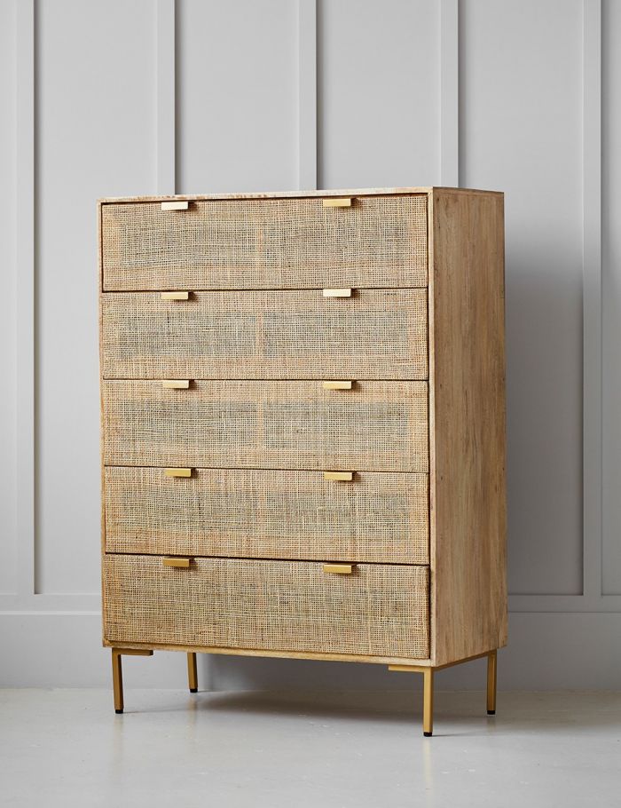 Rattan Webbed Storage Chest Of Drawers with Rich Wood Accents