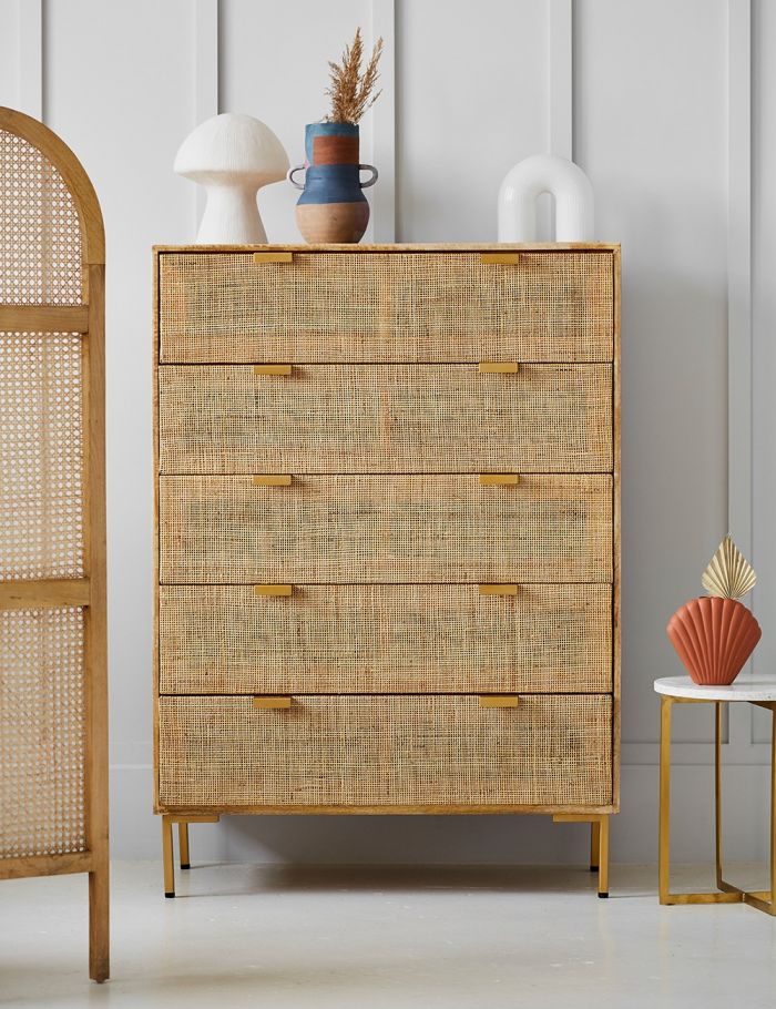 Rattan Webbed Storage Chest Of Drawers with Rich Wood Accents