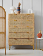 Rattan Webbed Storage Chest Of Drawers with Rich Wood Accents