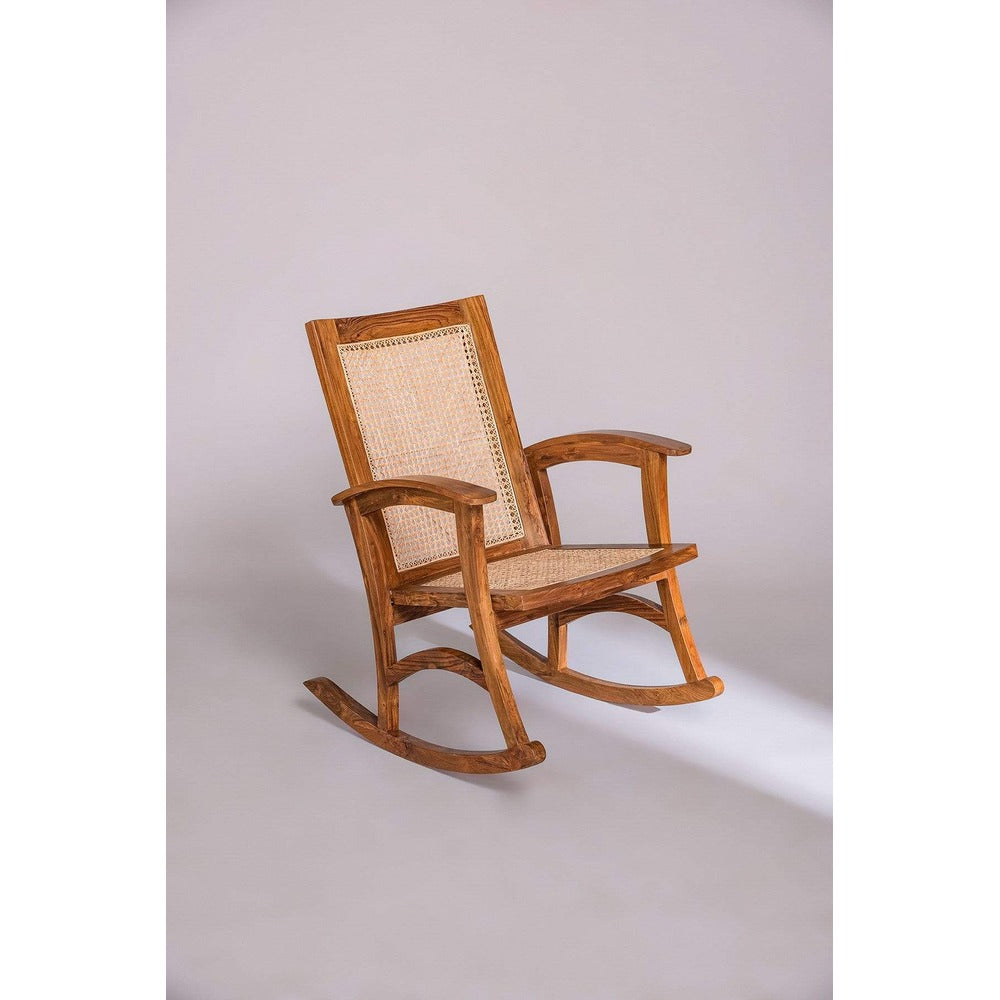 Rocking Teak Wood and Wicker Armchair
