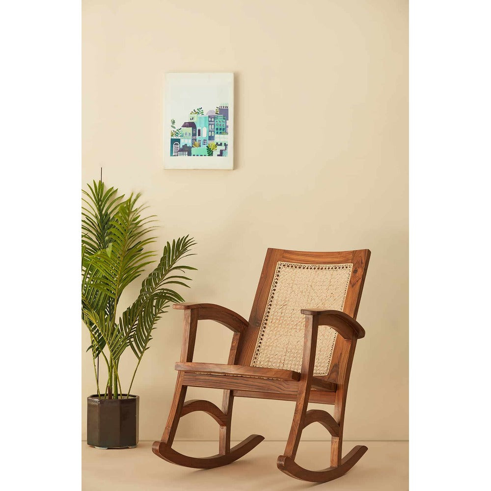 Rocking Teak Wood and Wicker Armchair