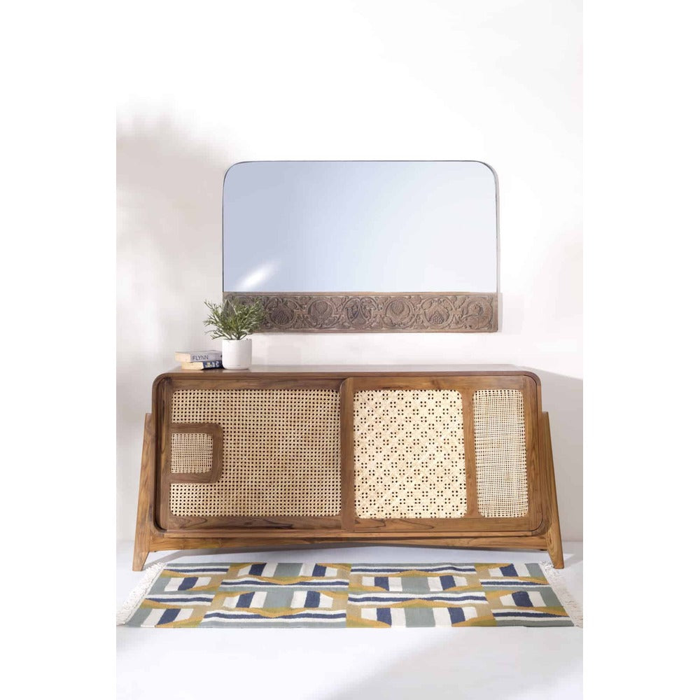 Modern Solid Teak Wood and Wicker Sideboard