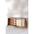 Modern Solid Teak Wood and Wicker Sideboard