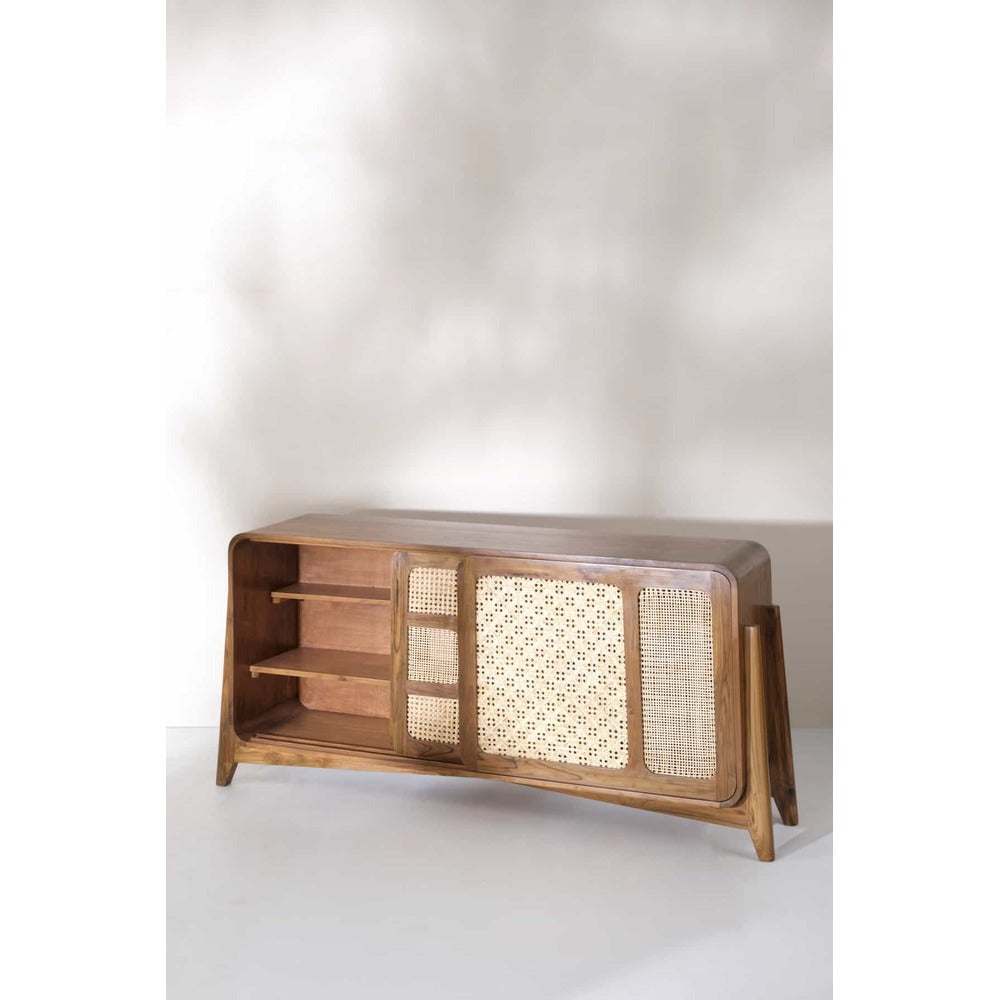 Modern Solid Teak Wood and Wicker Sideboard