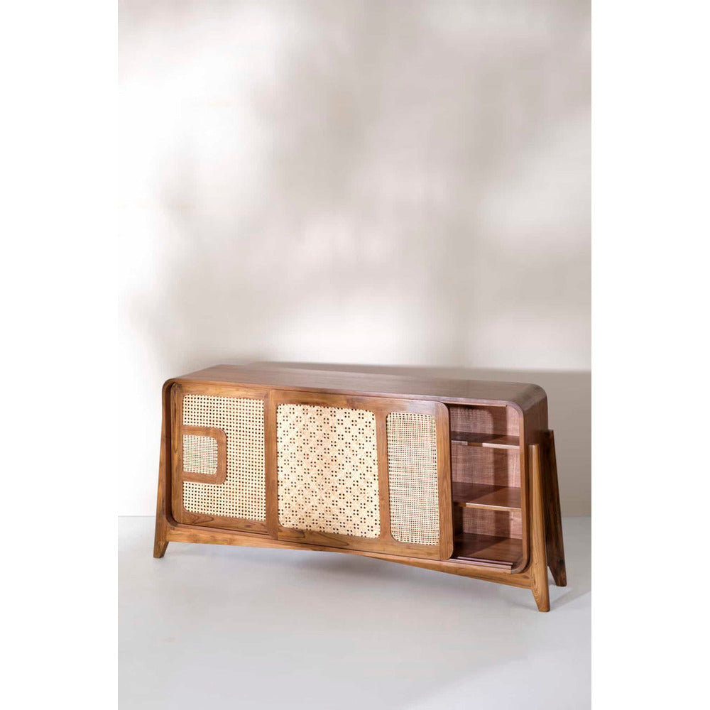 Modern Solid Teak Wood and Wicker Sideboard