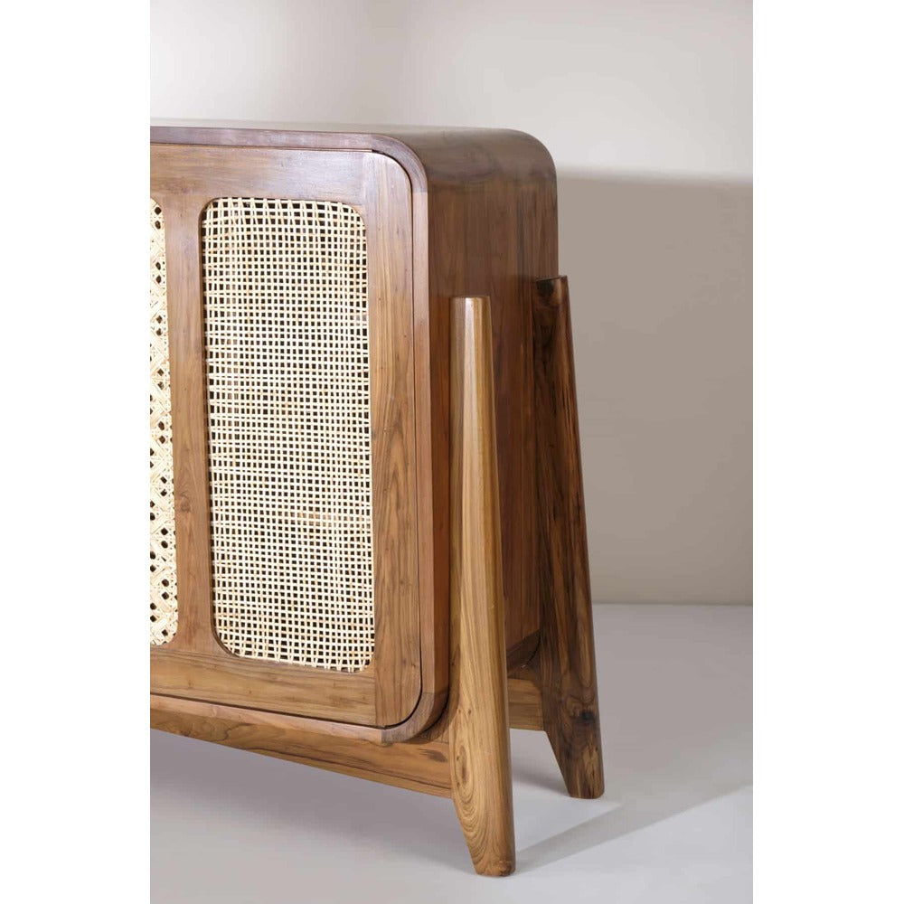 Modern Solid Teak Wood and Wicker Sideboard