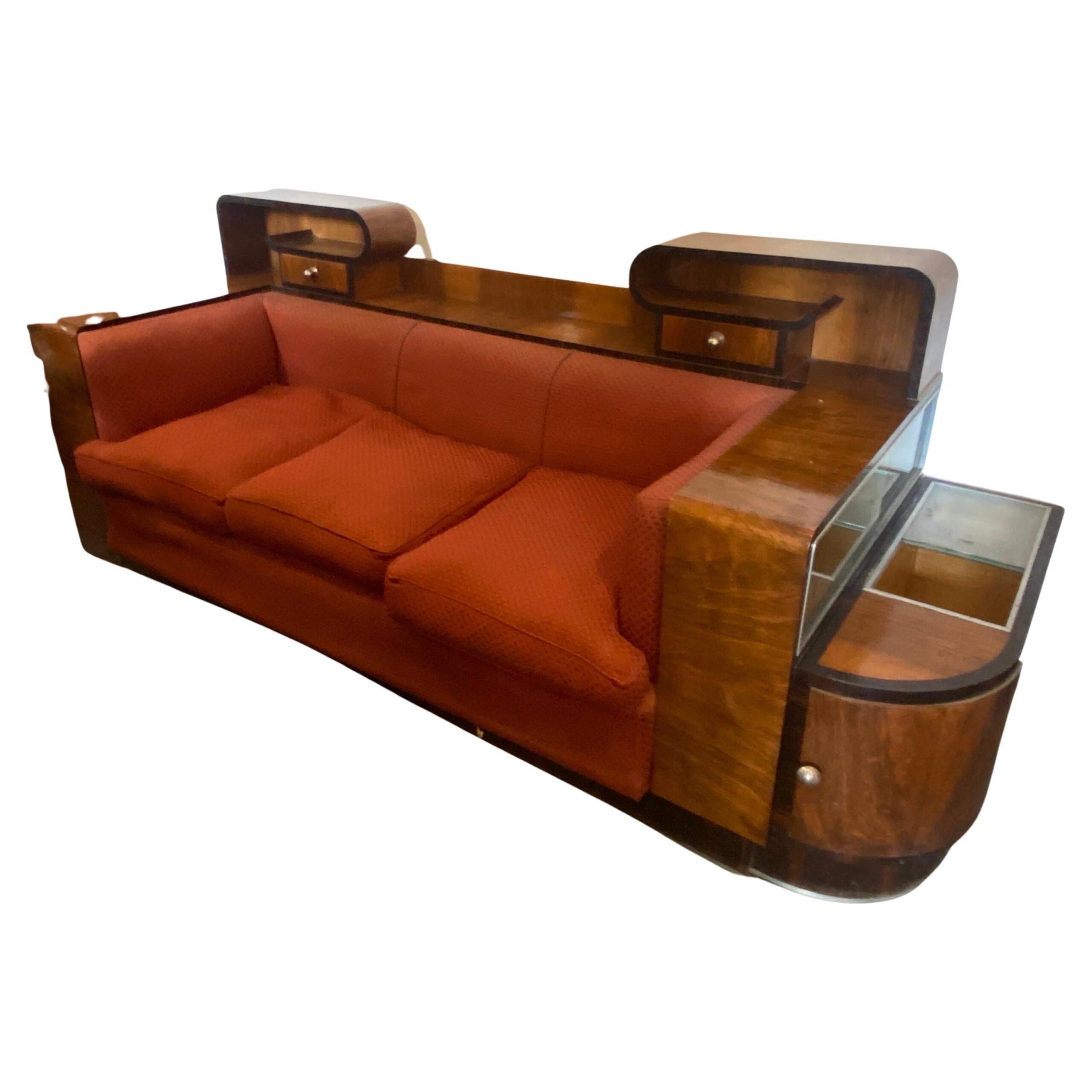 Walnut Italian Sofa with Built-In Bar Cabinet