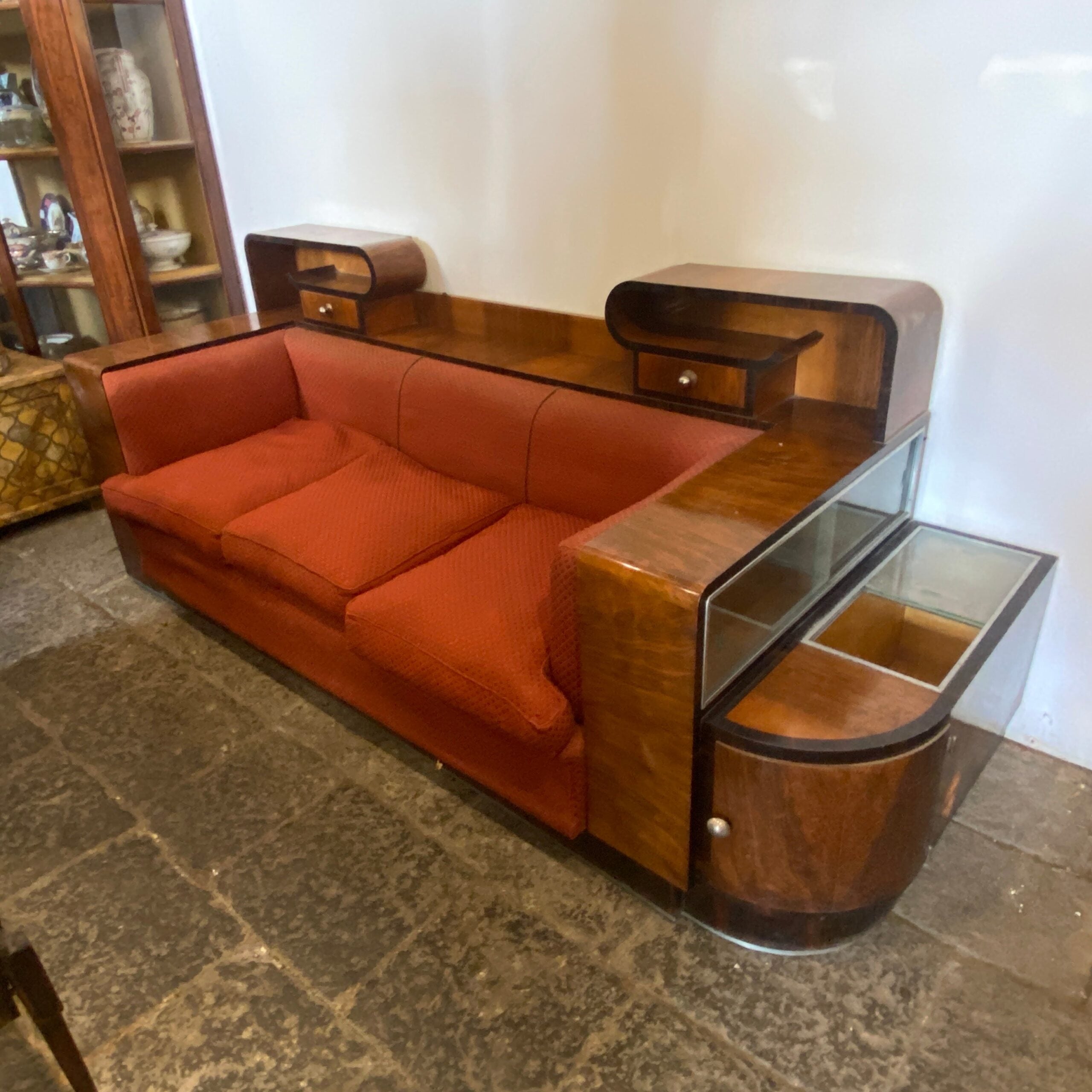 Walnut Italian Sofa with Built-In Bar Cabinet