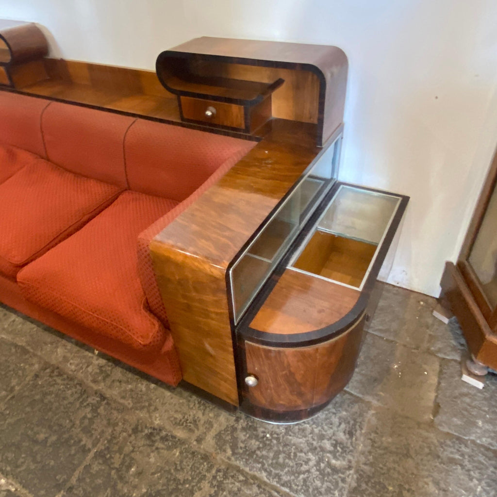 Walnut Italian Sofa with Built-In Bar Cabinet