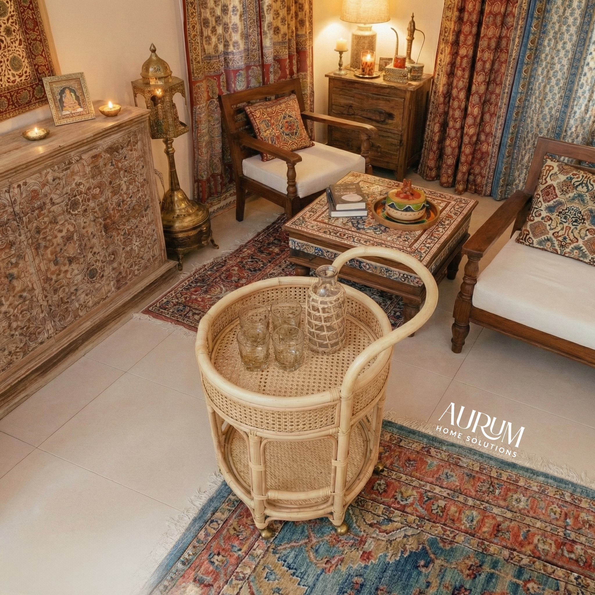 Bar Cart with Rattan Shelves | Roadster Round Design