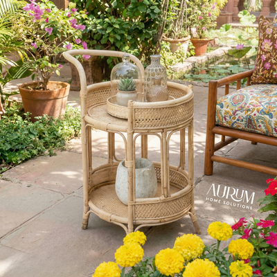 Bar Cart with Rattan Shelves | Roadster Round Design