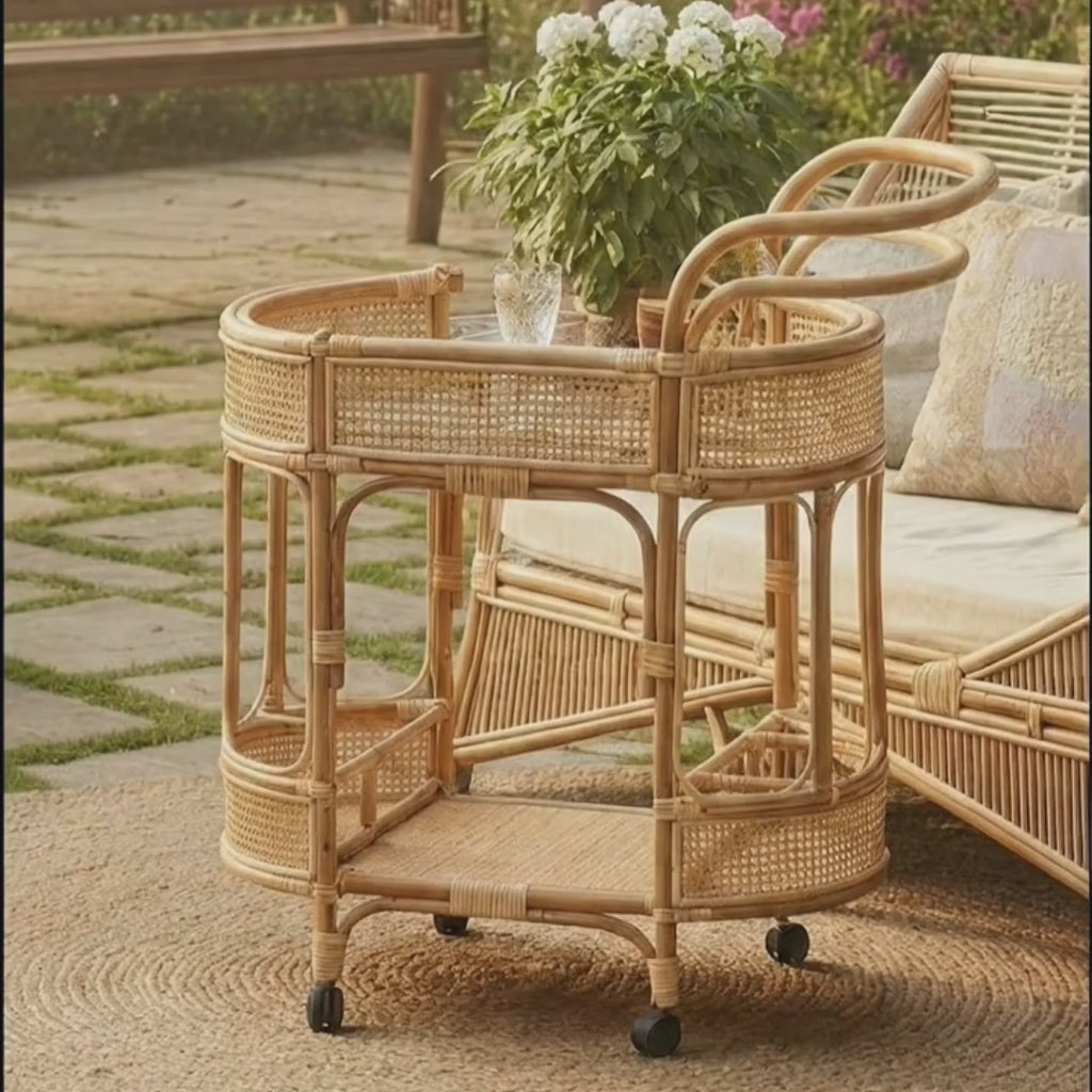 Bar Cart with Rattan Shelves and Rolling Wheels