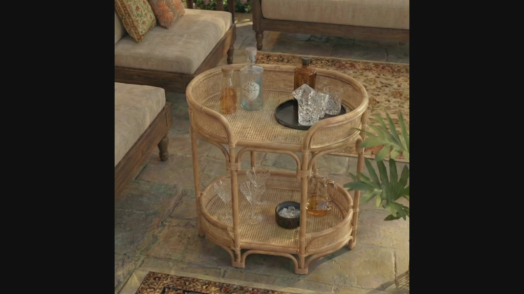Bar Cart and Table with Rattan Shelves | Rendezvous Entertaining