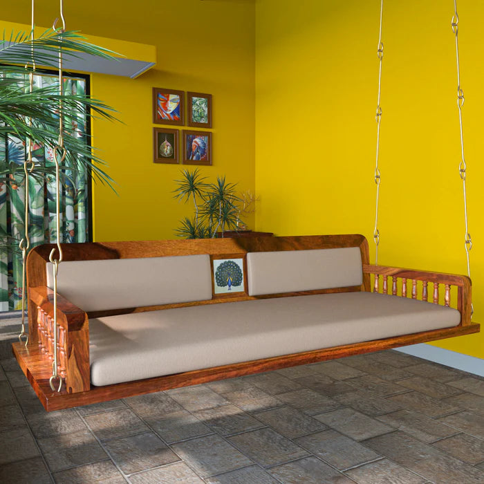 Charming Handmade Sheesham Wood Swing with Cream Upholstery